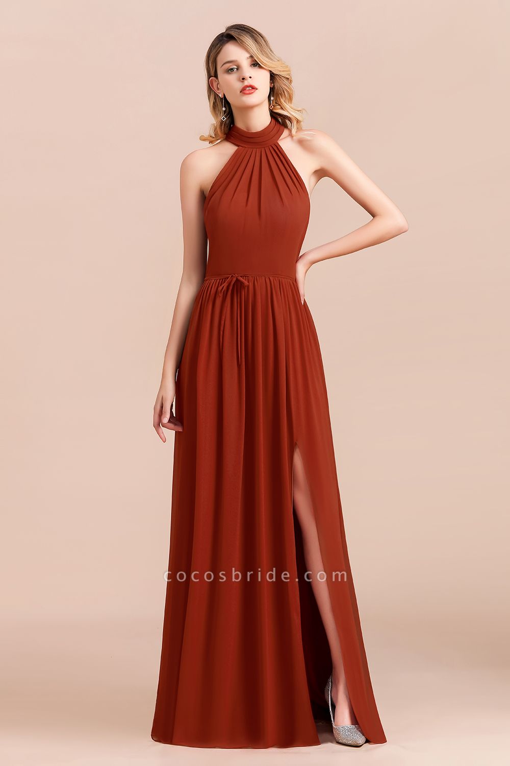 A-Line Halter Chiffon Floor-length Ruched Bridesmaid Dress With Side Slit