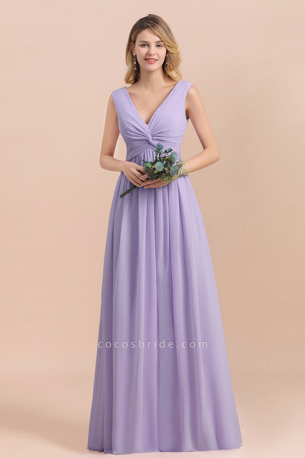 Lilac V-neck A-Line Evening Dress Sleeveless Chiffon Wide Straps Bridesmaid Dress