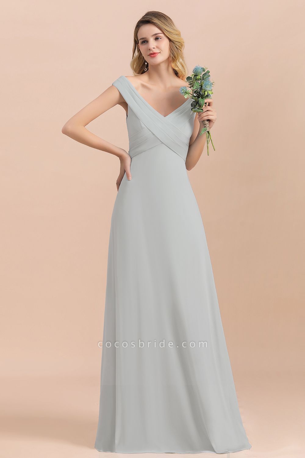 Off-the-Shoulder V-neck A-Line Bridesmaid Dress Floor Length Chiffon Evening Dress