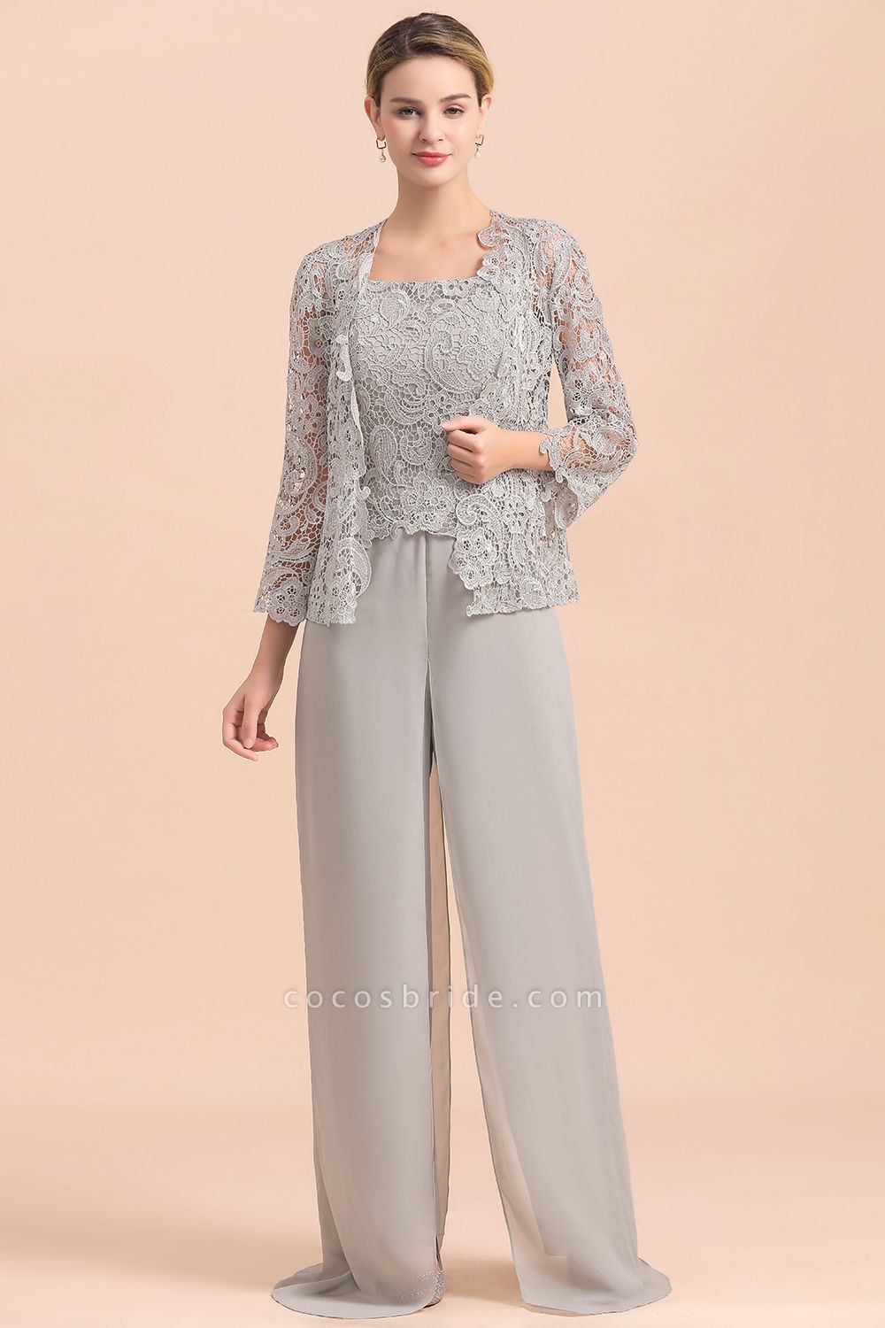 Chic Silver Lace Chiffon Long Sleeve Mother of Bride Jumpsuit With Wrap