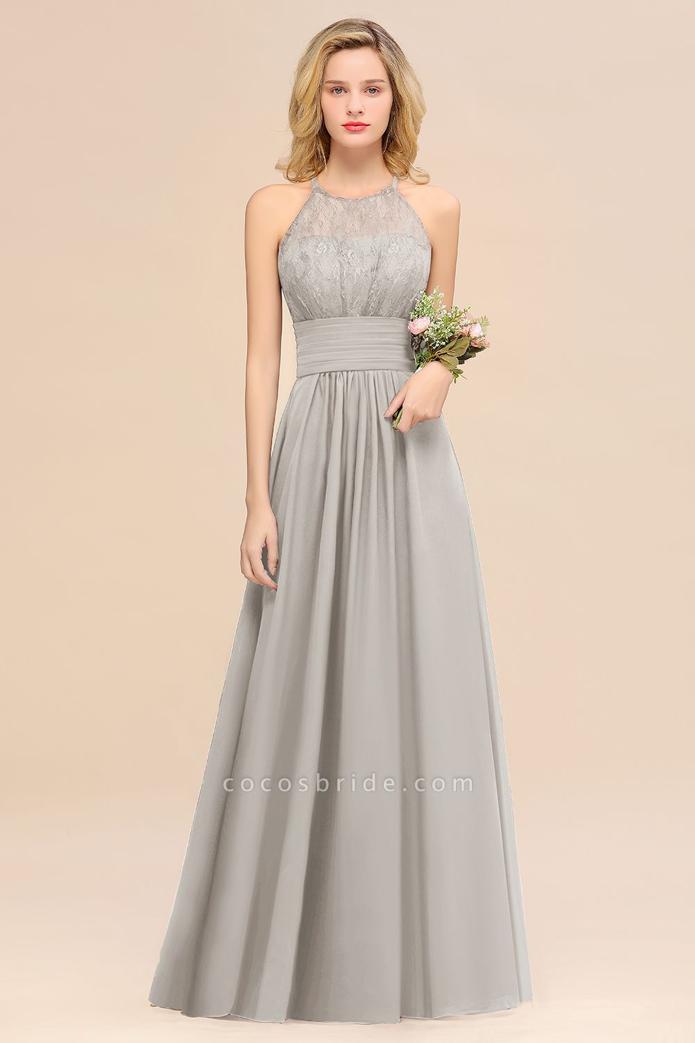 BM0766 Elegant Halter Ruffles Sleeveless Grape Lace Bridesmaid Dresses Affordable