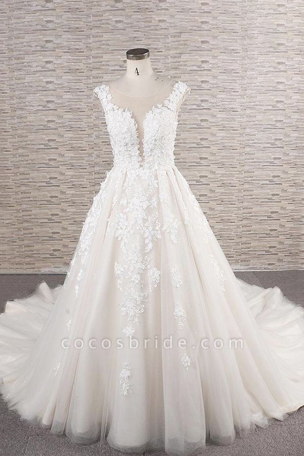 Wunderschönes A-Linien-Hochzeitskleid aus Tüll mit Spitzenapplikationen