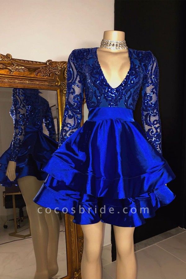 Short A-line V-neck Layers Sequins Appliques Prom Dress with Sleeves