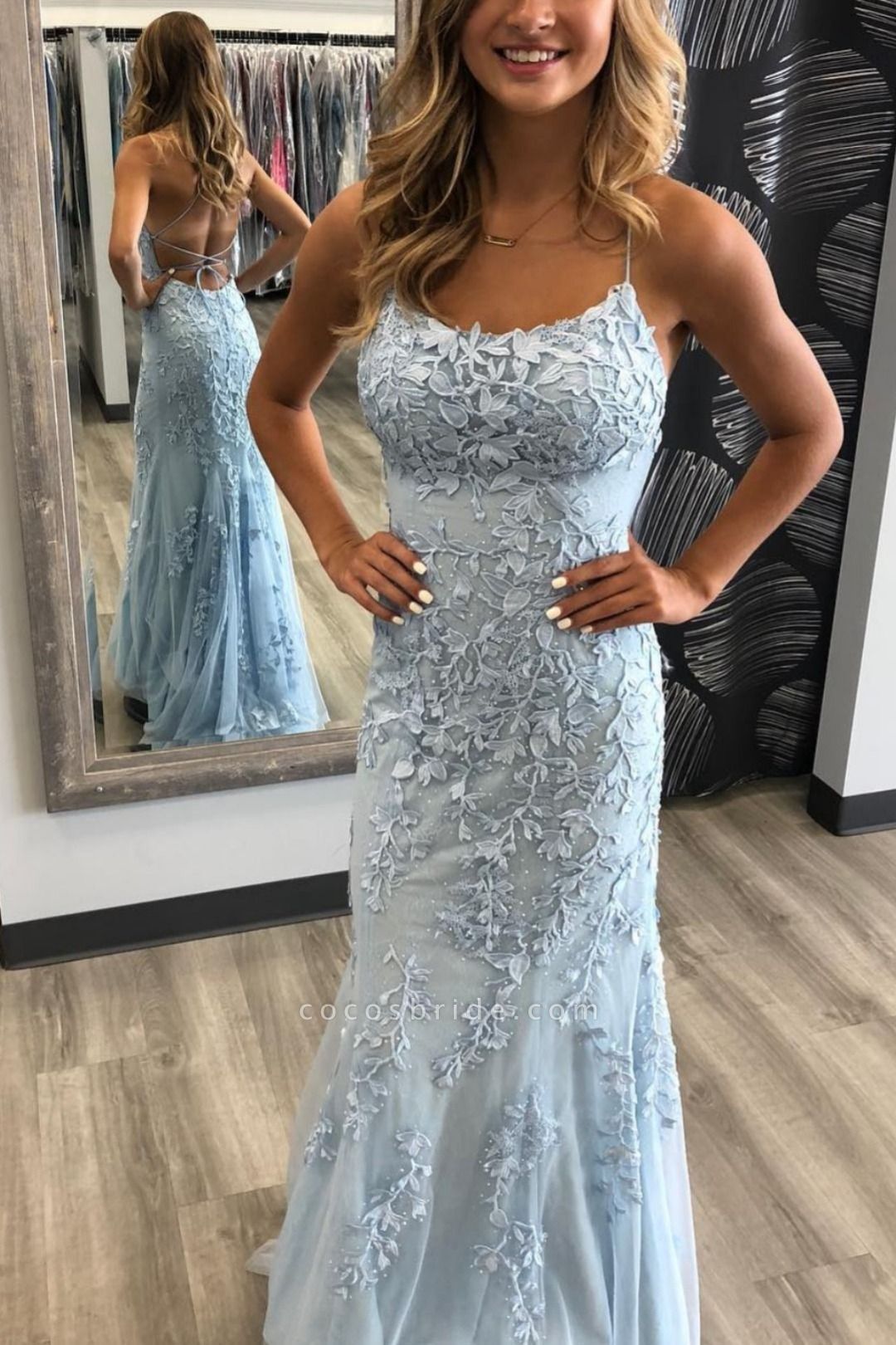 Elegant Spaghetti Straps Lace Column Prom Dress