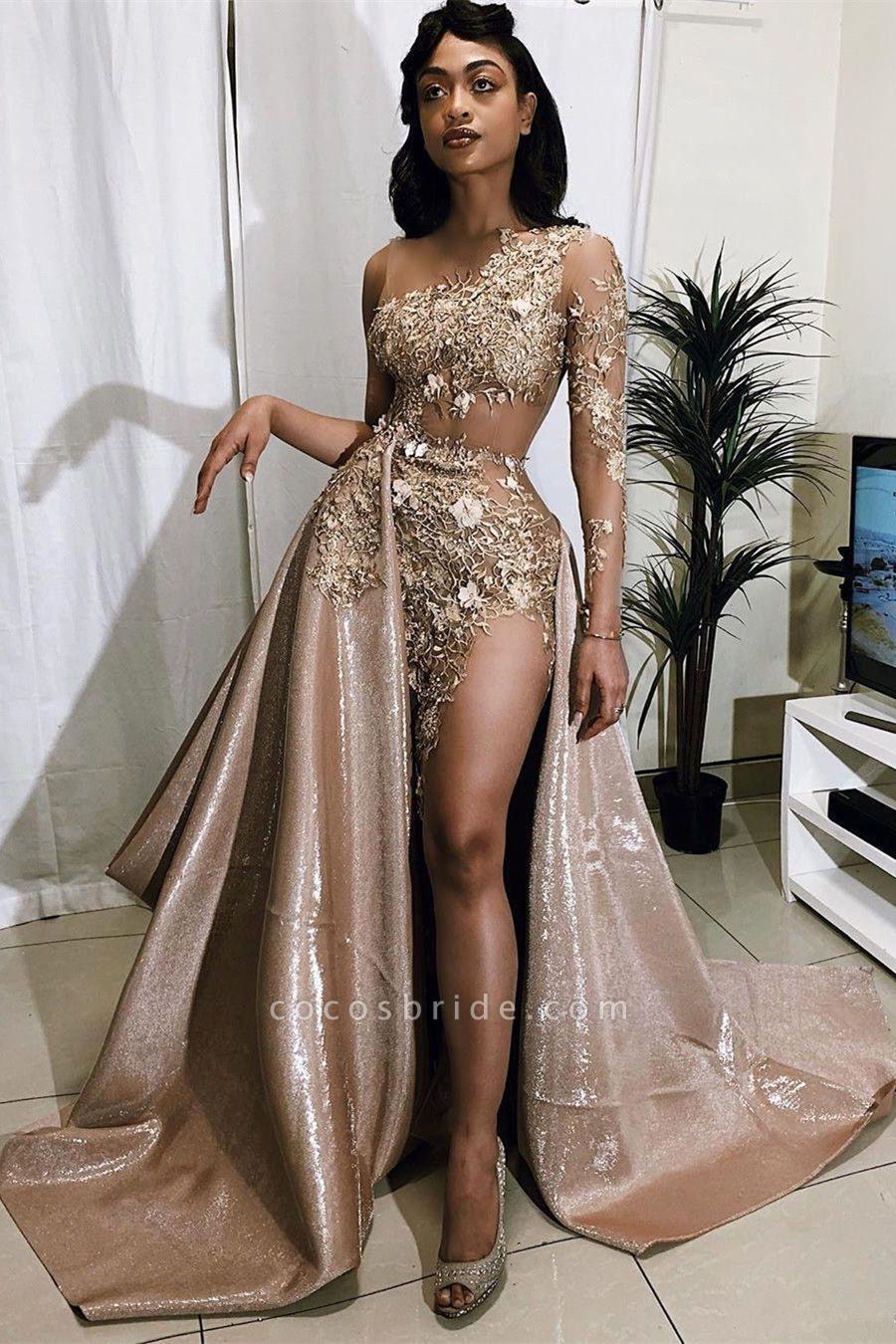 Sexy Long A-line One Shoulder Lace Appliqued Prom Dresses With Over Skirt