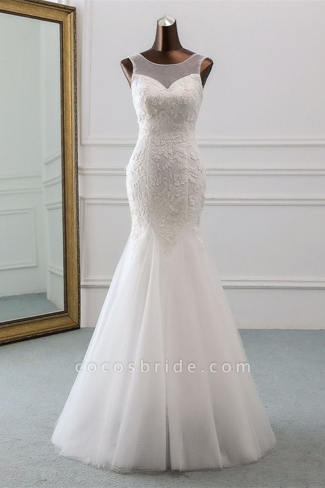 Popular Long Mermaid Jewel Tulle Backless Wedding Dress with Lace
