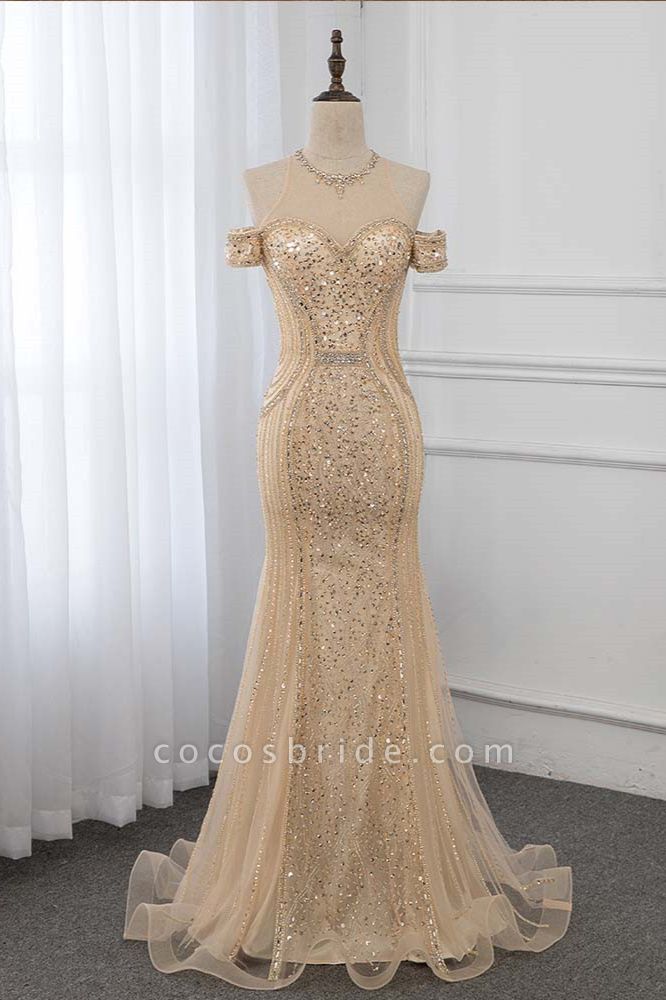 Charming Bateau Off-the-shoulder Sequins Beading Mermaid Tulle Prom Dress