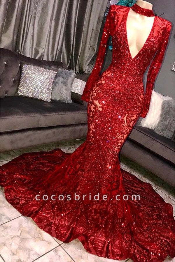 Marvelous Long Sleeves Mermaid High Neck Sequins Prom Dress