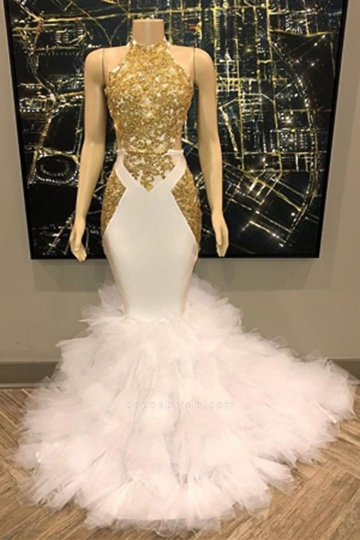 Gold and White Long Mermaid Prom Dress