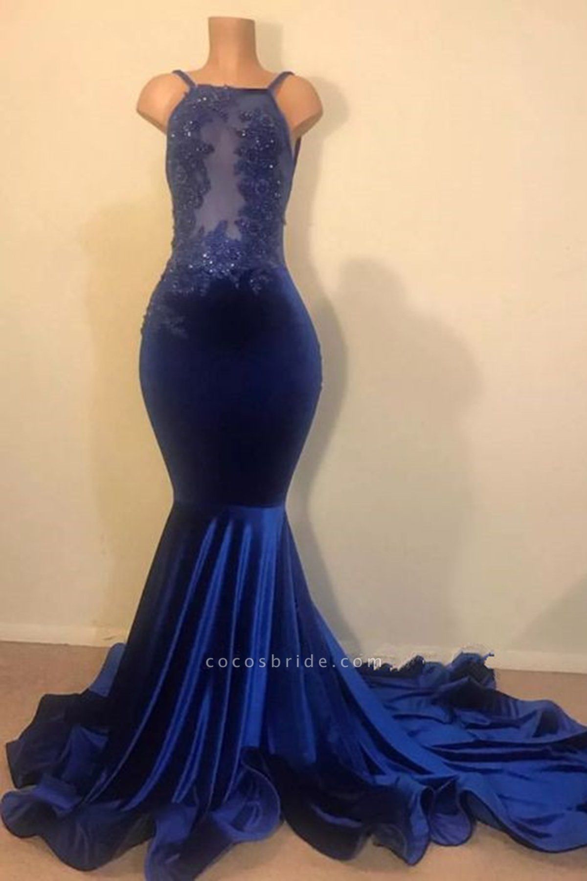 Royal Blue Velvet Long Mermaid Open Back Applique Beading Prom Dresses