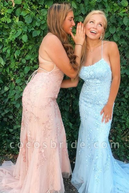 Light Blue Long Mermaid Tulle Prom Dress with Appliques Lace
