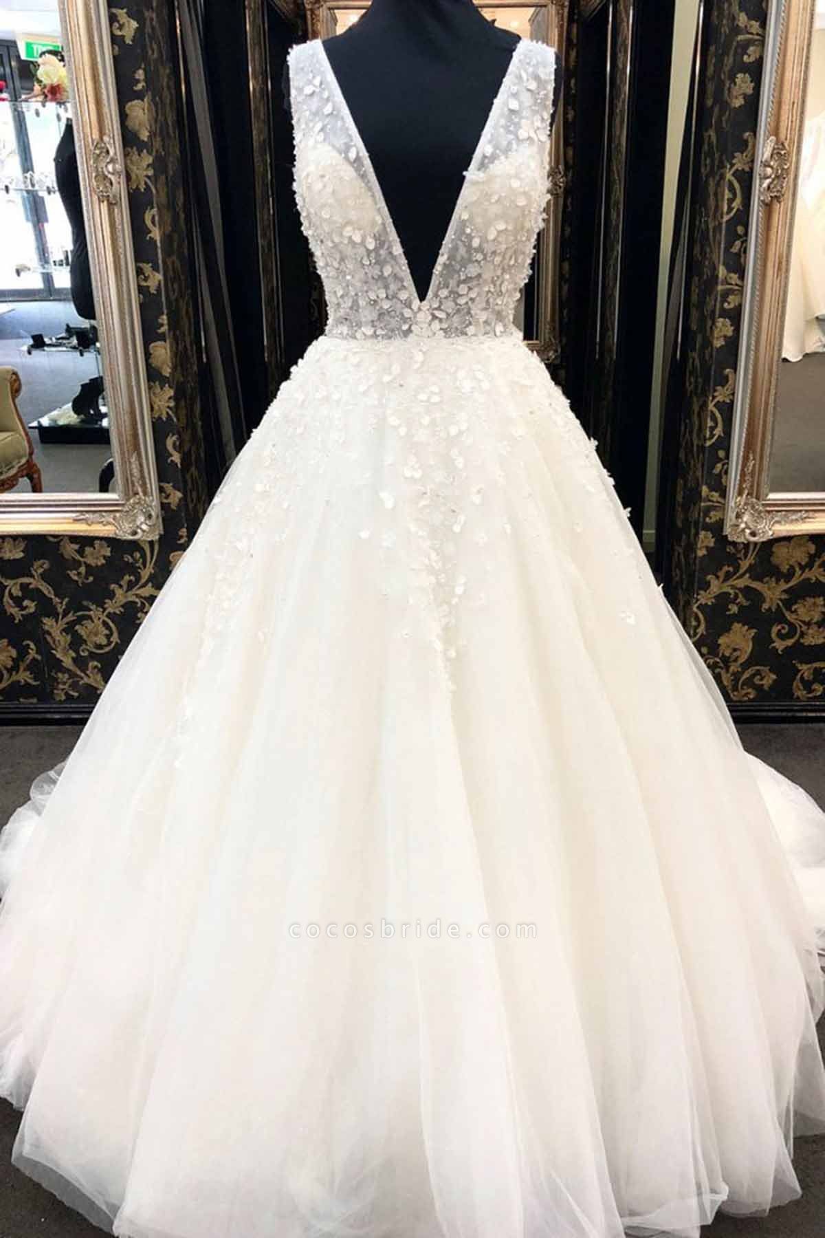 White Tulle V Neck Long A-Line Tulle Wedding Dress
