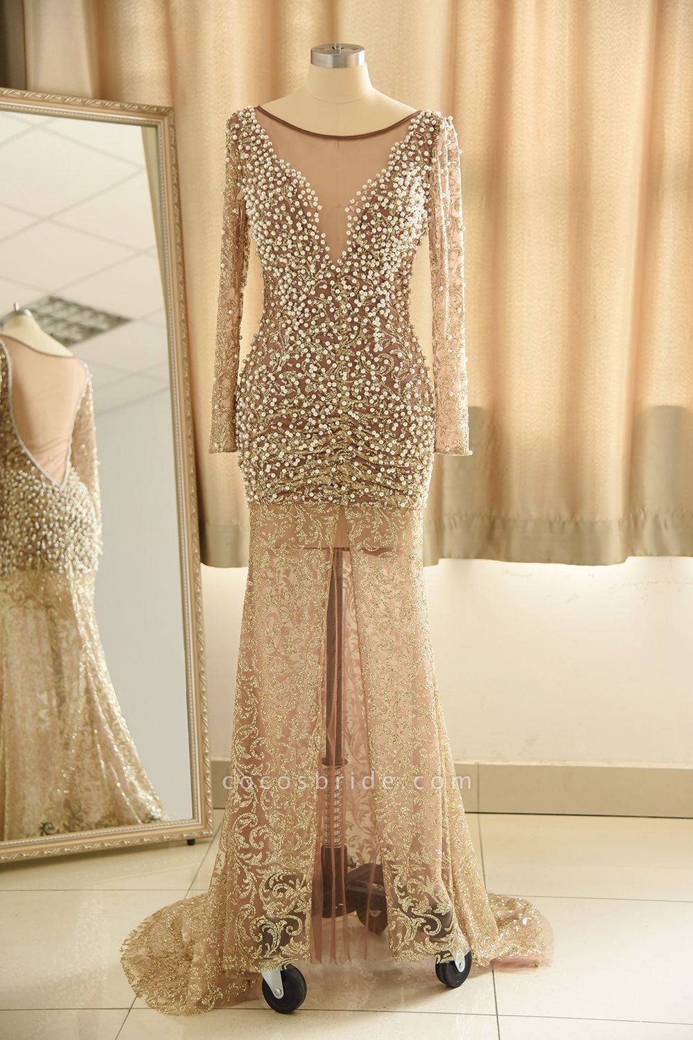 Illusion Neck Beads Champange Pearls High Split Prom Dress