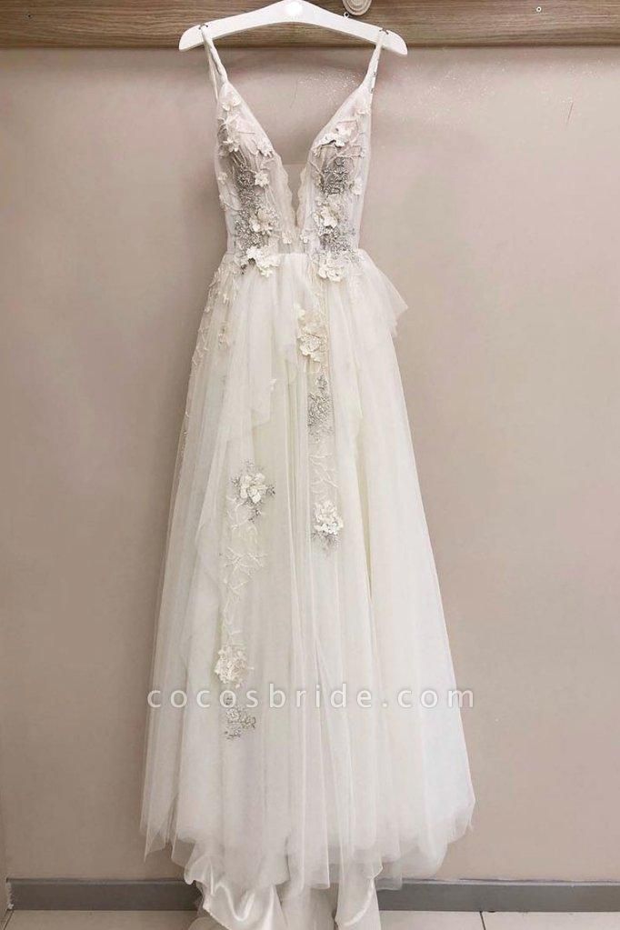 Tulle V Neck Lace Applique Long Wedding Dress