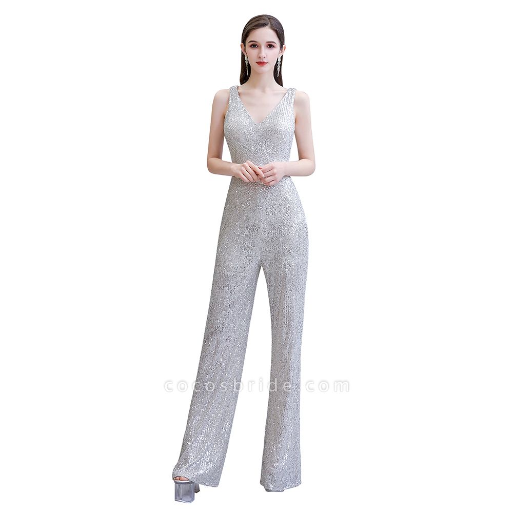 Sexy Shining V-neck Sleeveless Prom Jumpsuit with Silver Sequins