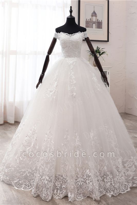 Long Ball Gown Off-the-shoulder Tulle Wedding Dress with Lace Appliques