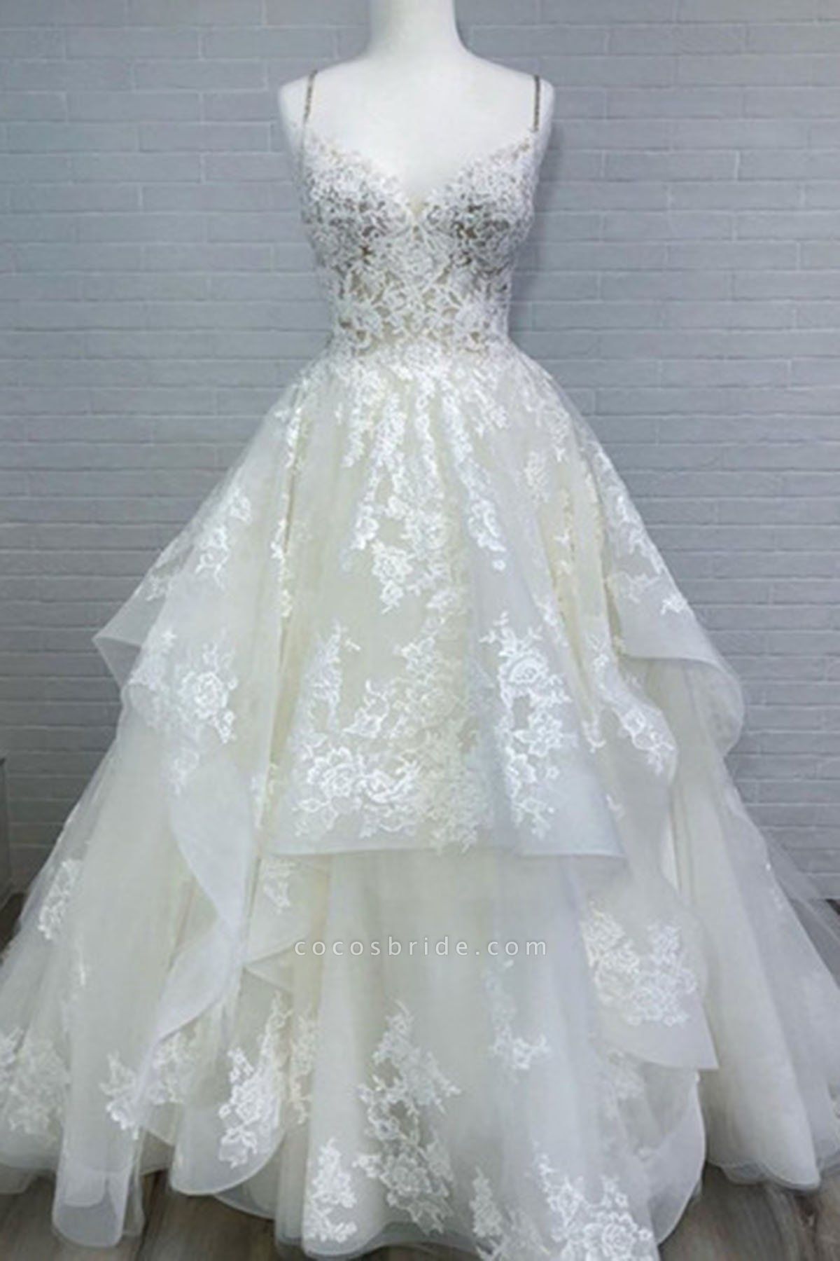 White Spaghetti Long Layered Lace White Beach Wedding Dresses