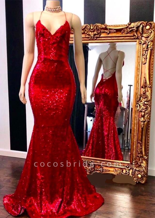 Sparkly Sequins Spaghetti Straps V-neck Mermaid Floor-length Prom Dress