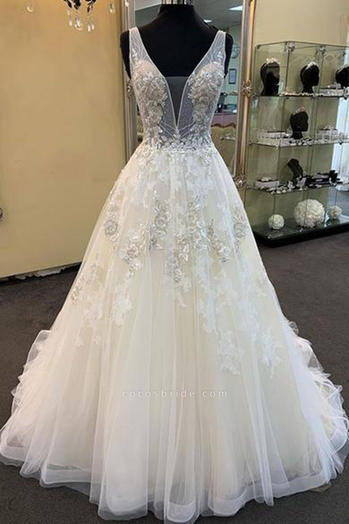 Unique White Tulle V Neck Long Beaded Lace Wedding Dress