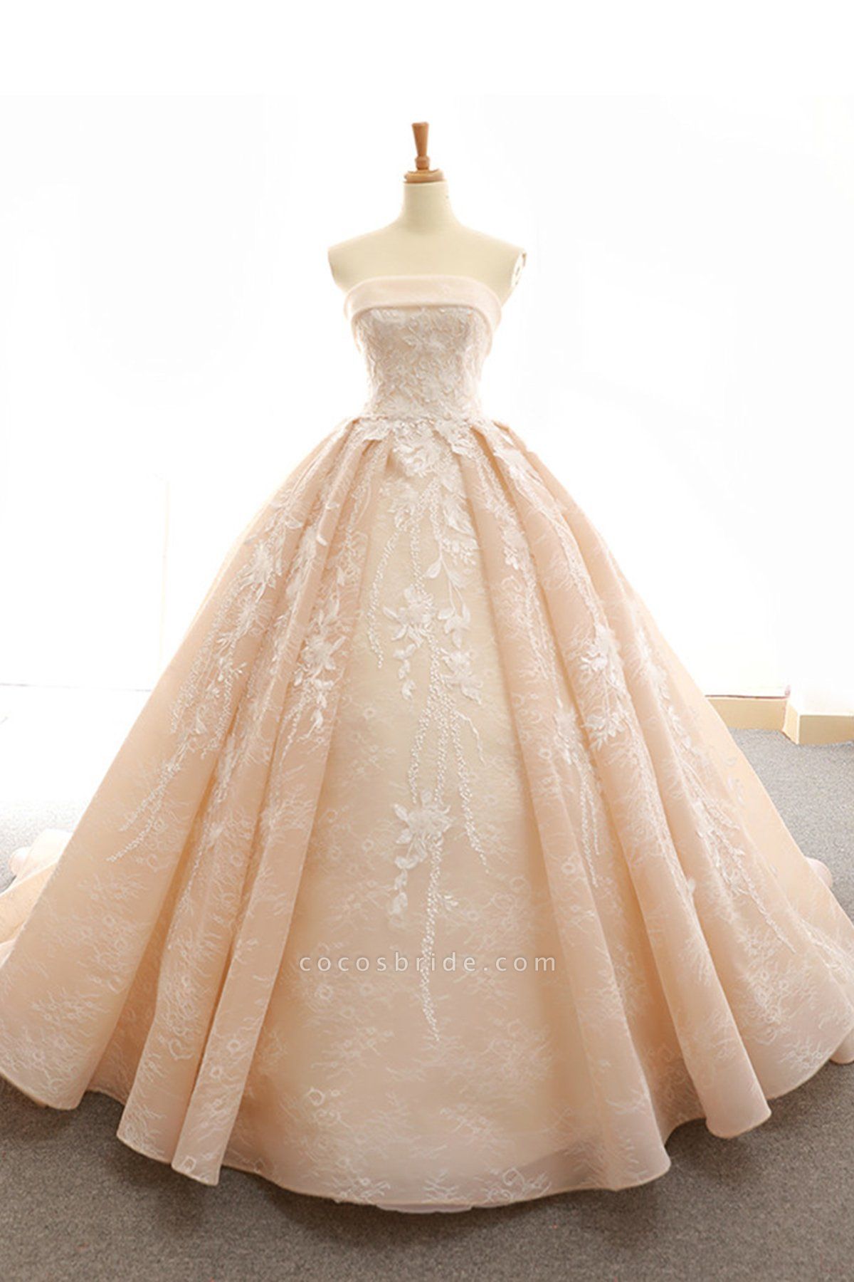 Nude Organza Strapless Sweep Train Lace Up Wedding Dress
