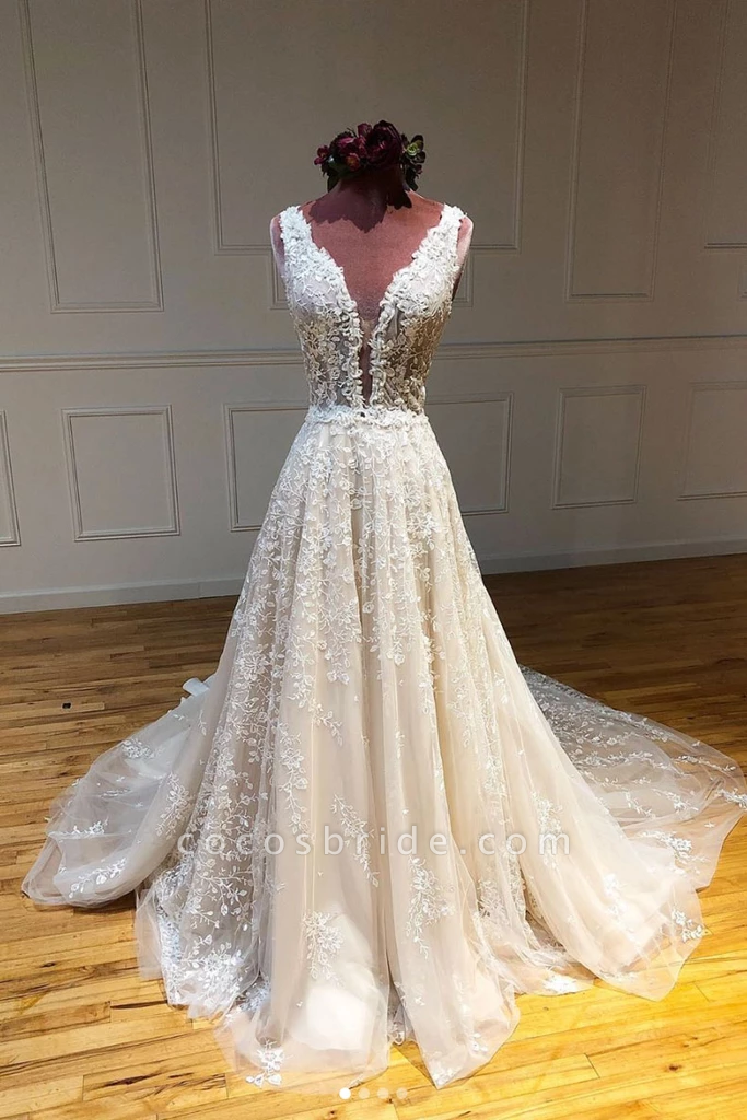 Beautiful A Line Deep V Neck Creamy Wedding Dress