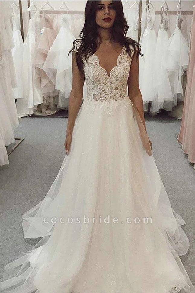 A Line V Neck Tulle Beach with Ivory Lace Top Long Wedding Dress