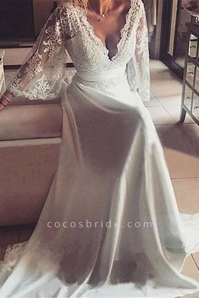 Romantic Boho V Neck Lace Appliques Chiffon Long Beach Wedding Dress