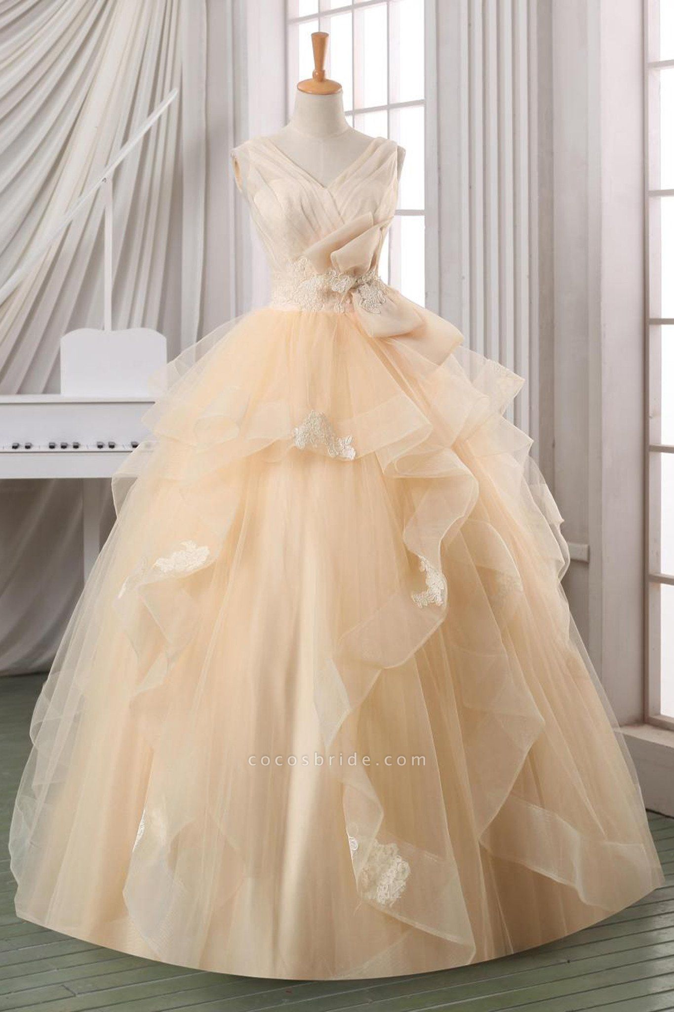 Layering V-Neck Applique Bowknot A-Line Ball Gown Wedding Dresses
