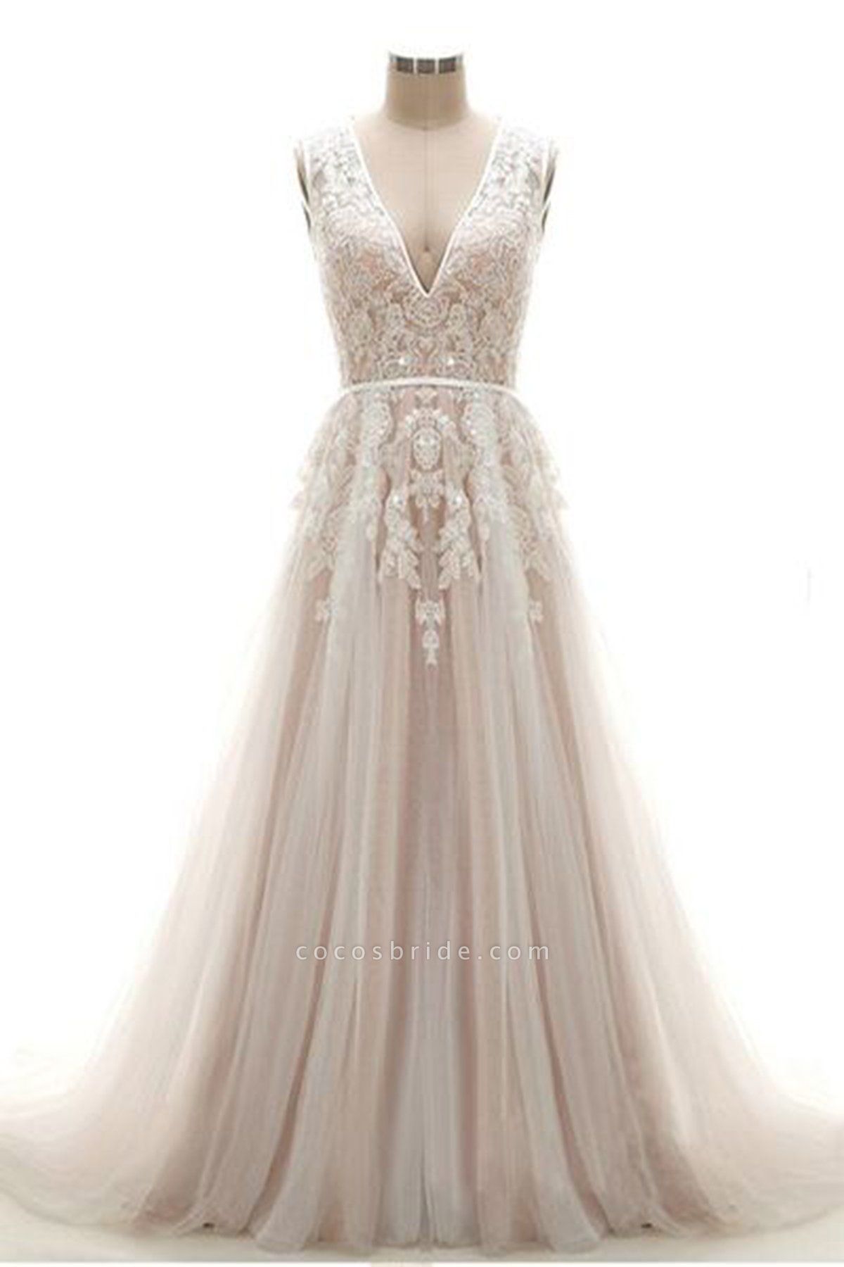 Lace Appliques V Neck Long Wedding Dress