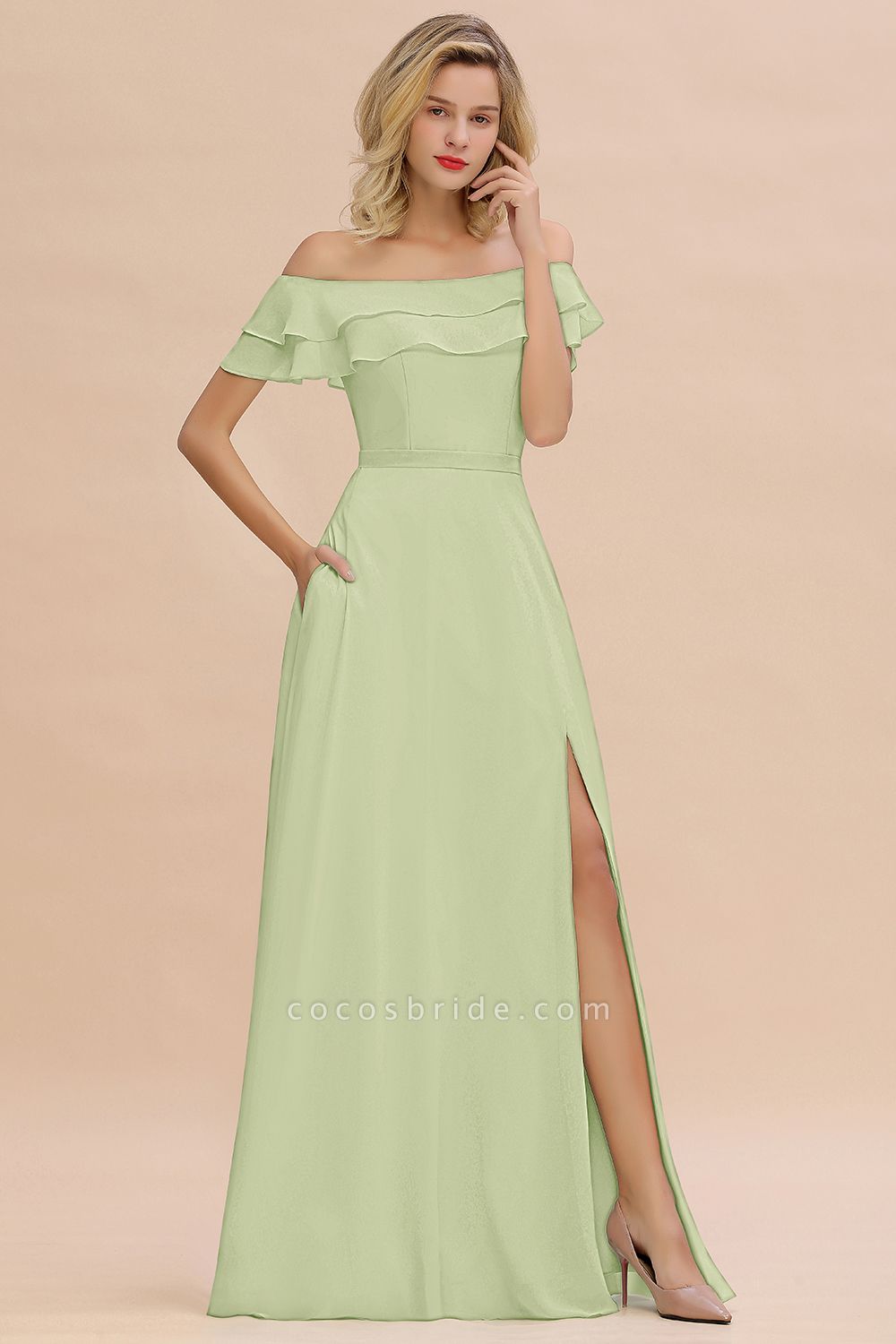 BM0775 Off-the-Shoulder Front Slit Mint Green Long Bridesmaid Dress