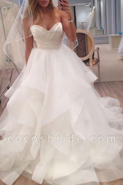 A Line Ivory Sweetheart Strapless Layered Tulle Long Beach Wedding Dress
