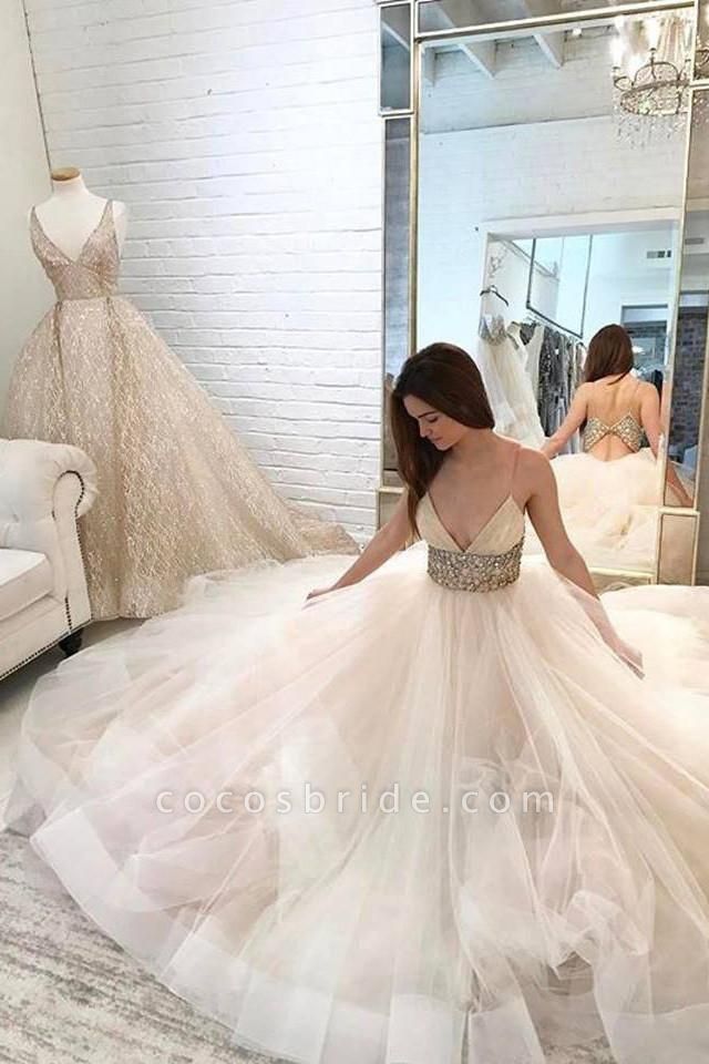 Spaghetti Straps Ivory Beaded Dress Ball V-neck Gown Tulle Wedding Dresss