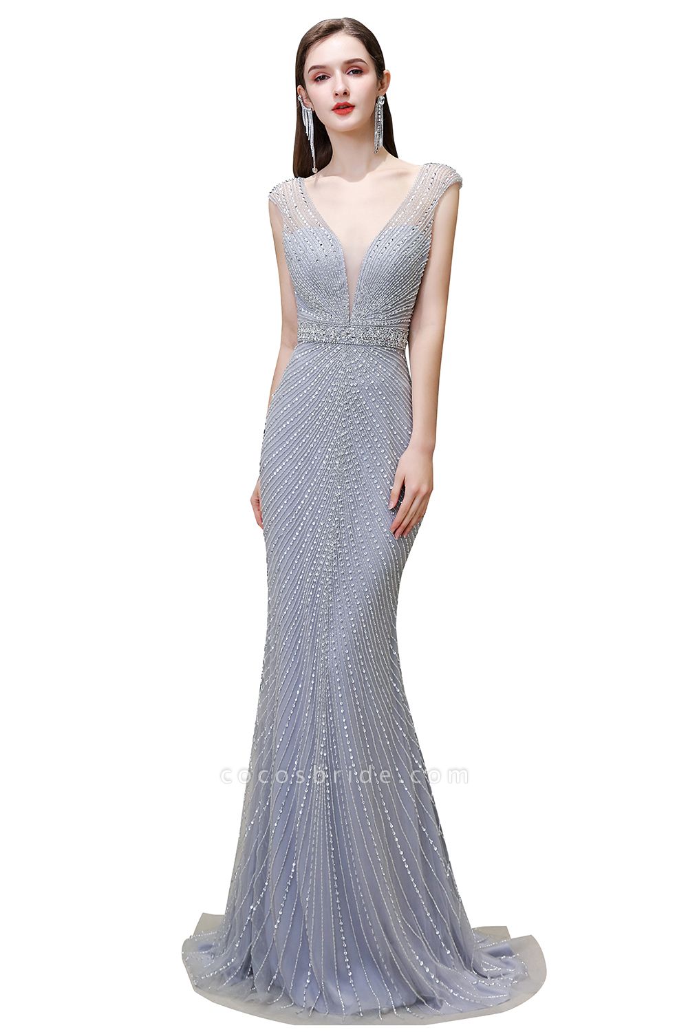 Sexy Mermaid V-neck Silver Long Prom Dress