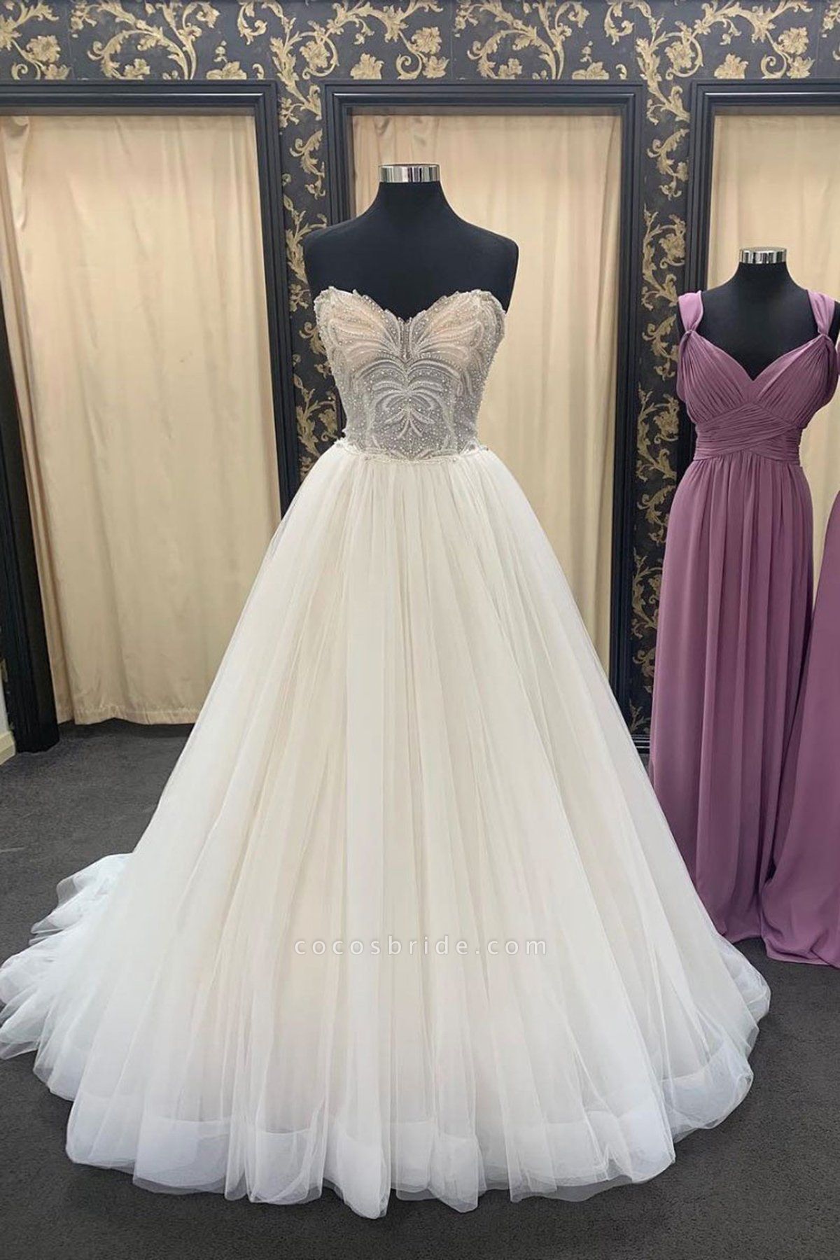 Ivory Sweetheart Neckline Crystal Floor Length  Lace Up Wedding Dress