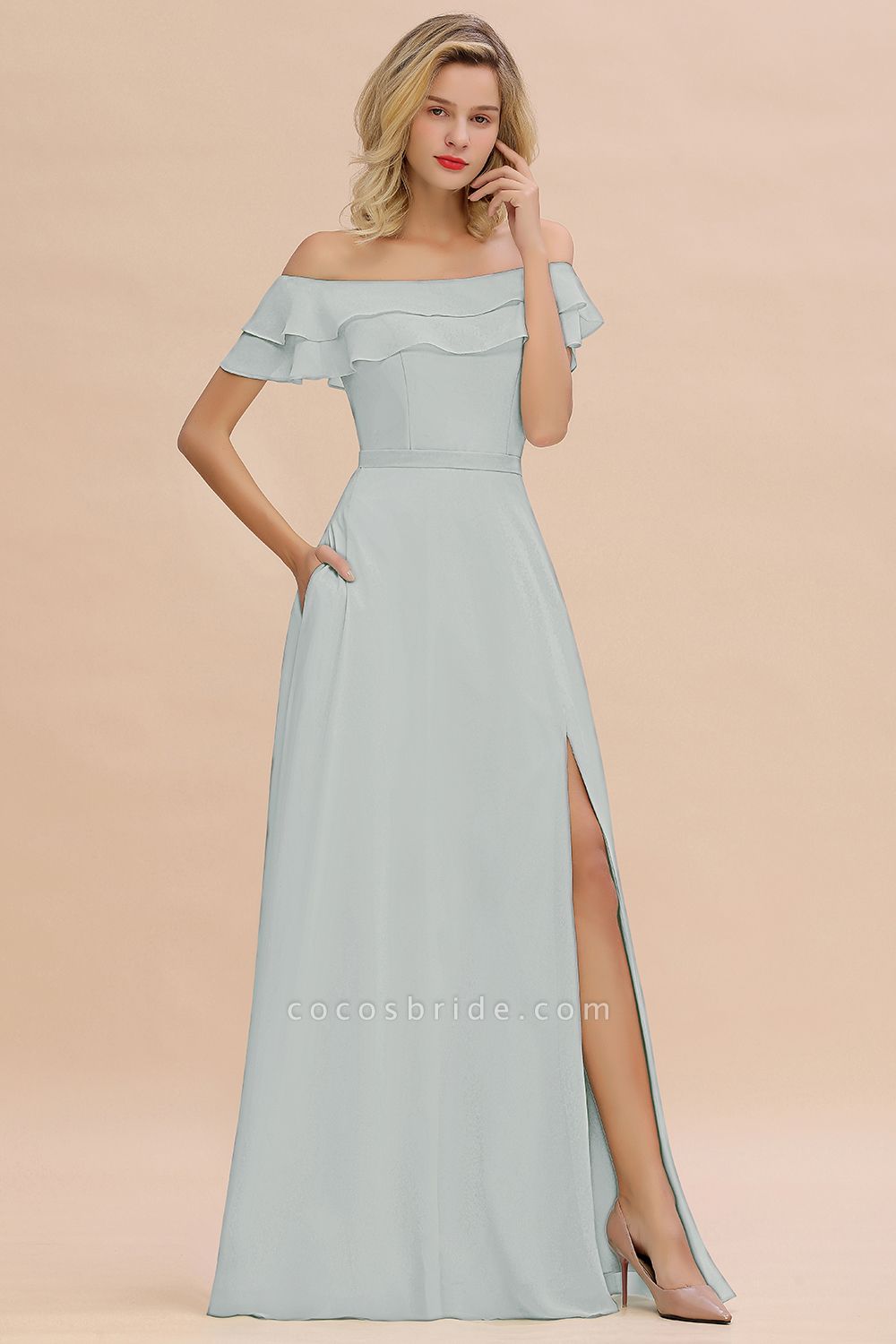 BM0775 Off-the-Shoulder Schlitz vorne mintgrün langes Brautjungfernkleid