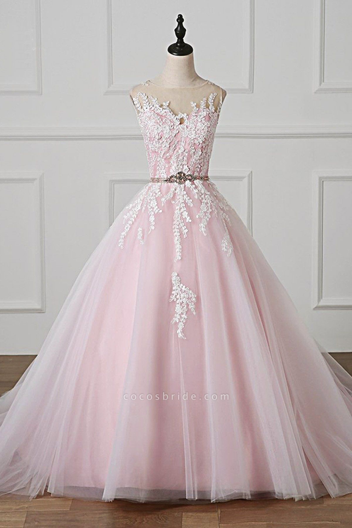 Light Pink Scoop Neck Lace Applique  Beaded Wedding Dress