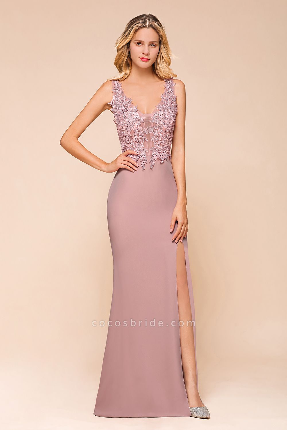 Dusty Pink Long Mermaid Lace Sleeveless Evening Gowns