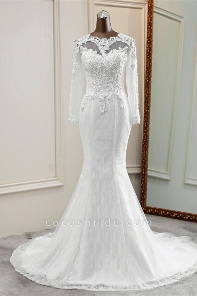 Elegant Mermaid Tulle Jewel Long Sleeves Wedding Dress
