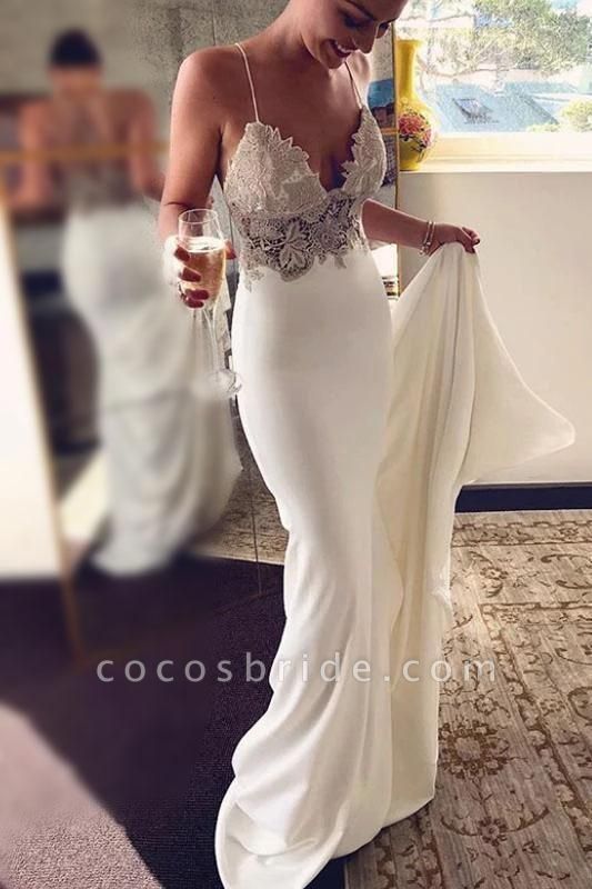Sexy Spaghetti Straps Mermaid Long Beach Wedding Dress with Lace