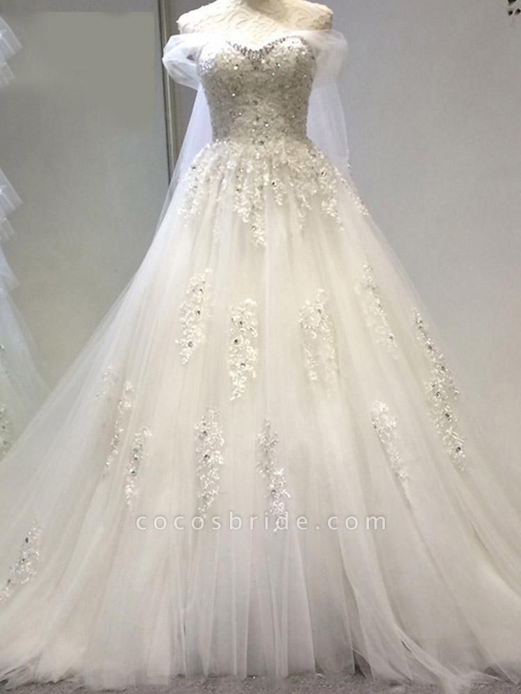 Modest Sweetheart Beaded Pearls Tulle Wedding Dresses