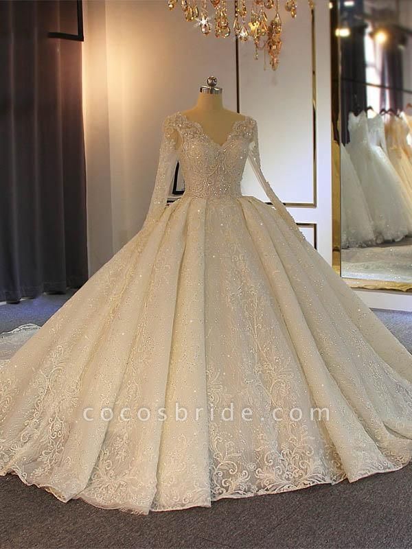 Sparkling V-Neck Long Sleeves Lace -Up Ball Gown Wedding Dresses