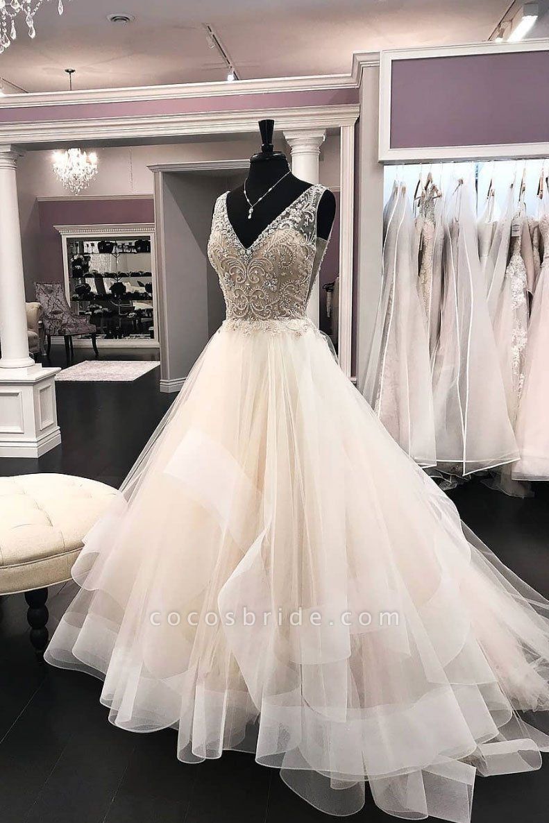 Ivory Tulle V Neck Long Beaded Sequins Wedding Dress