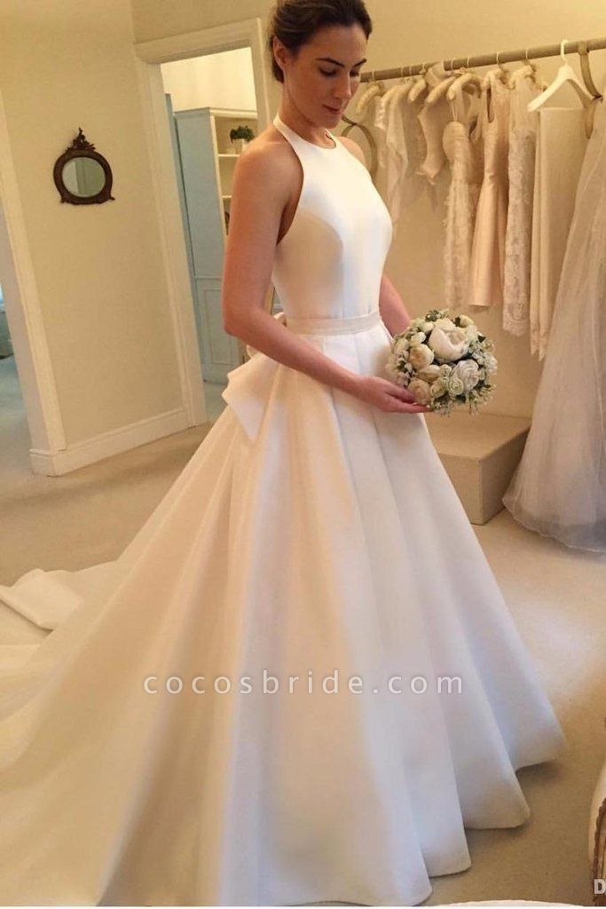 A Line Halter Satin Simple Backless Sleeveless Wedding Dress with Bow