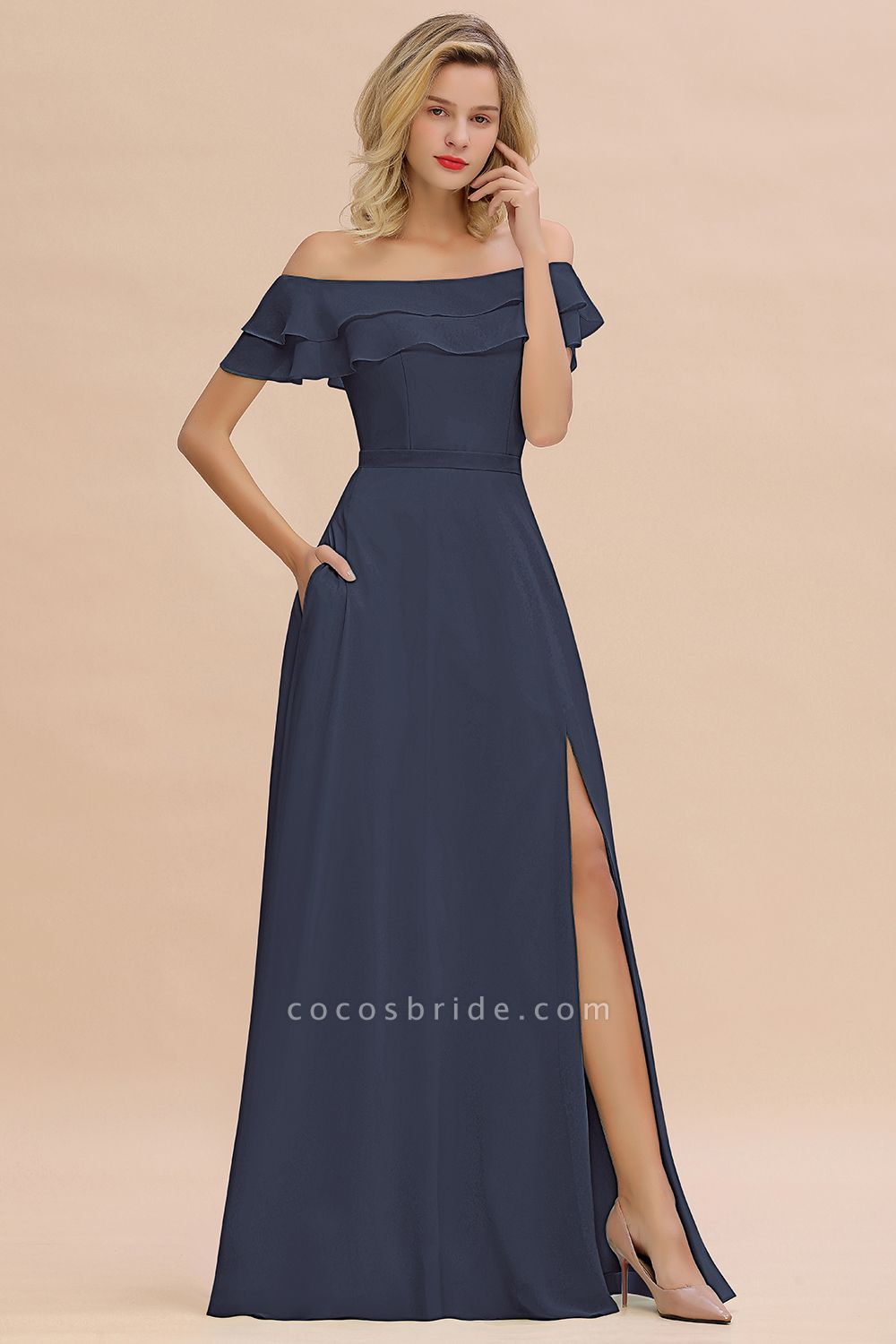 BM0775 Off-the-Shoulder Front Slit Mint Green Long Bridesmaid Dress