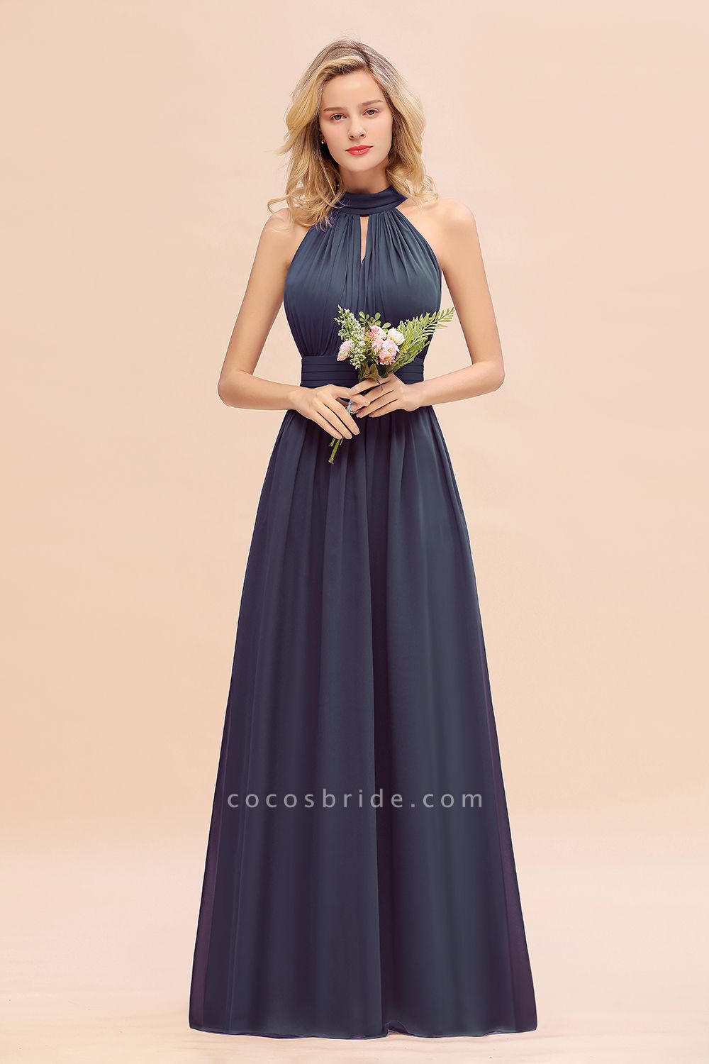 BM0758 Glamorous High-Neck Halter Bridesmaid Affordable Dresses with Ruffle