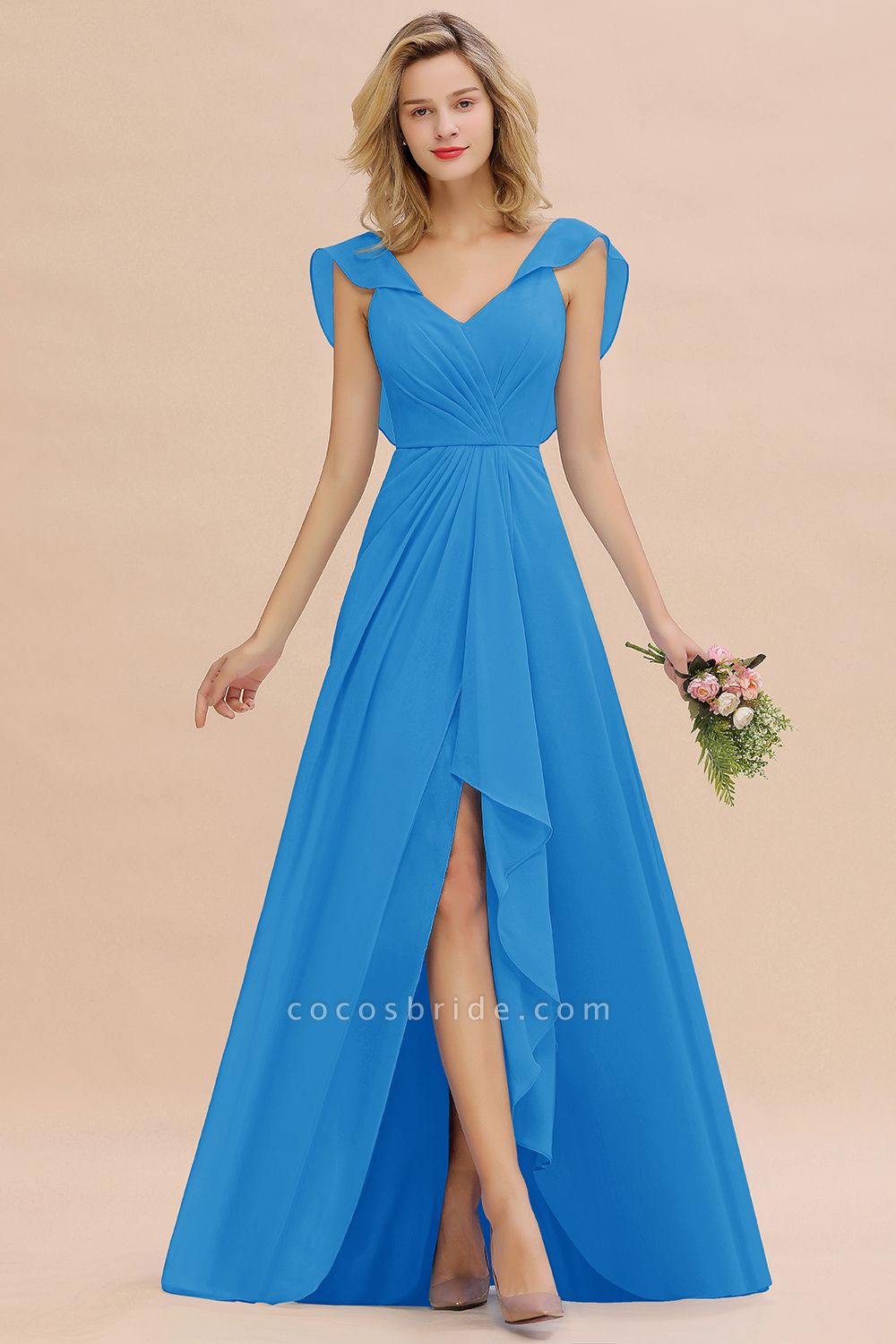 BM0777 Simple Hi-Lo V-Neck Ruffles Long Bridesmaid Dress