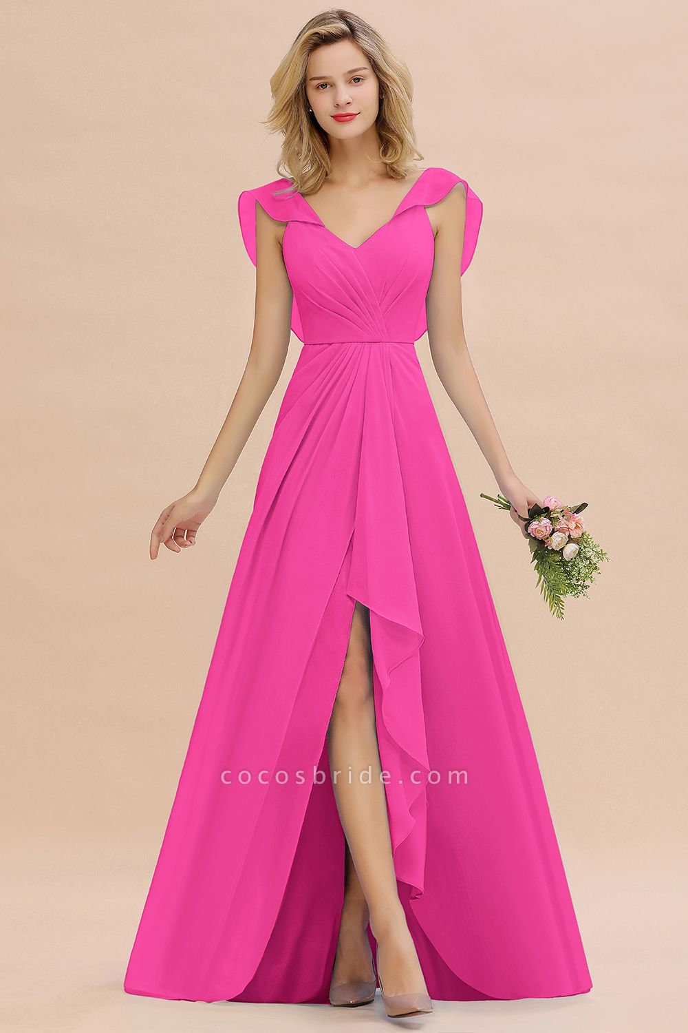 BM0777 Simple Hi-Lo V-Neck Ruffles Long Bridesmaid Dress