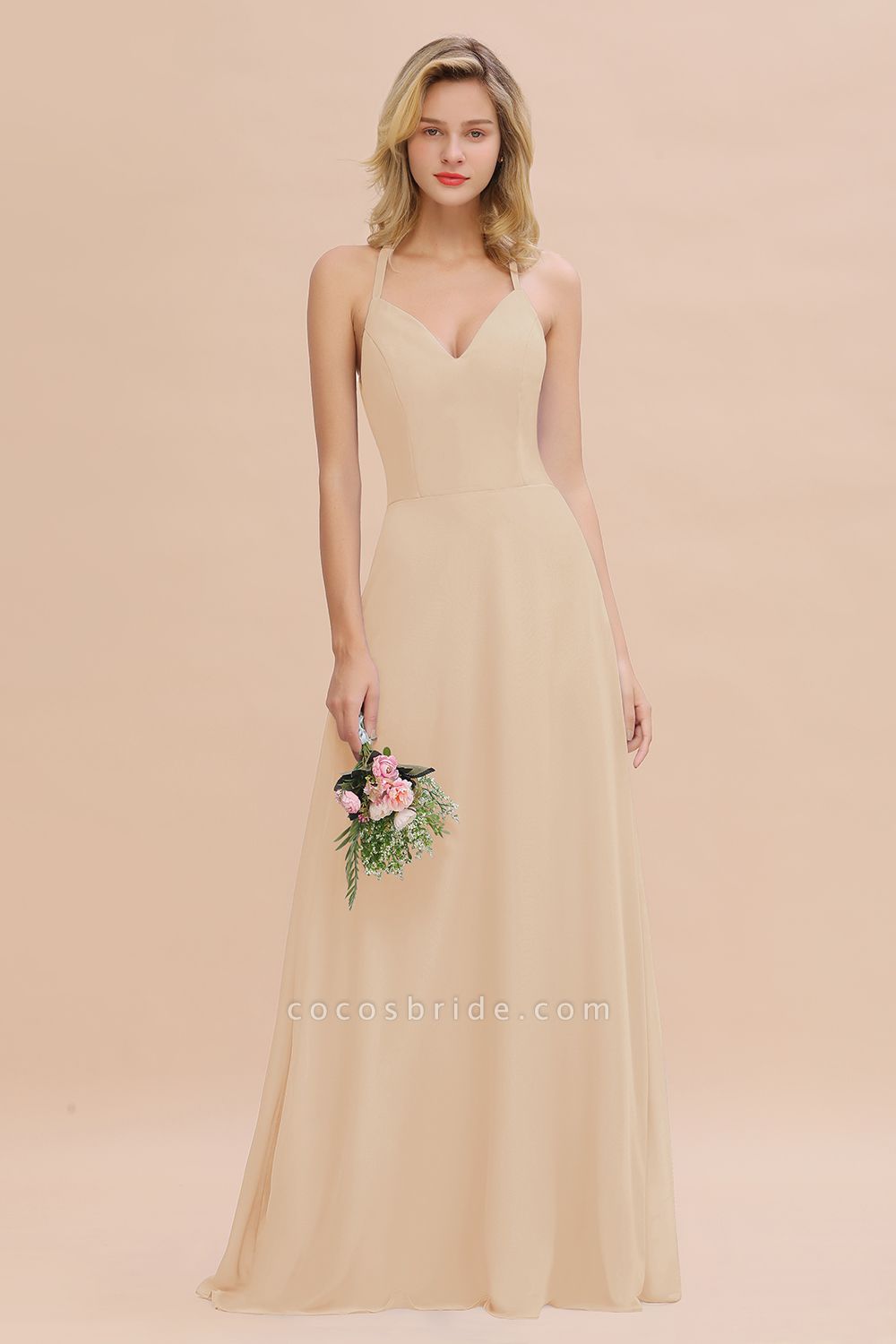 BM0779 Stylish Chiffon Spaghetti Straps Sleeveless Long Bridesmaid Dress