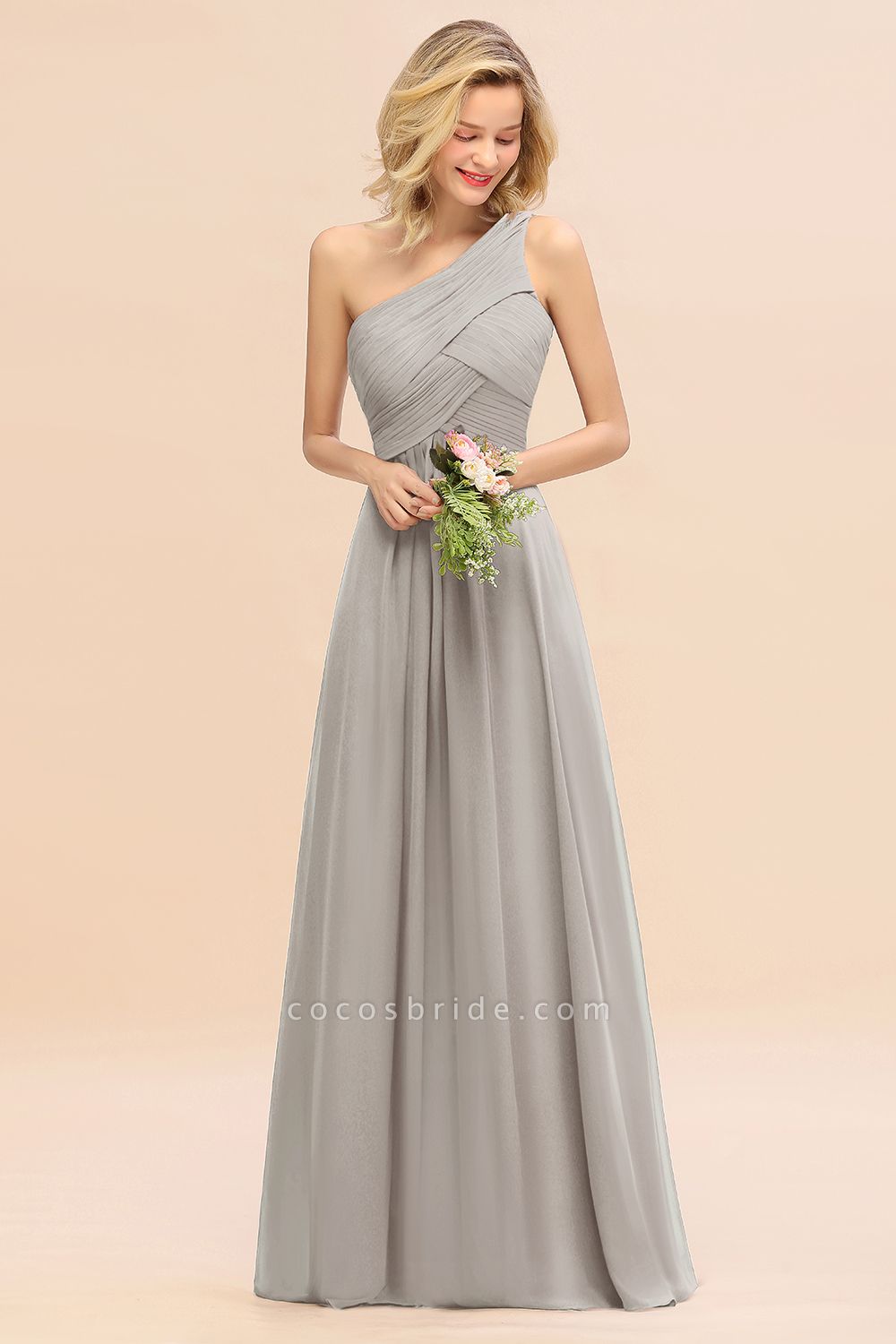 BM0756 Elegantes langes Brautjungfernkleid mit Rüschen und einer Schulter