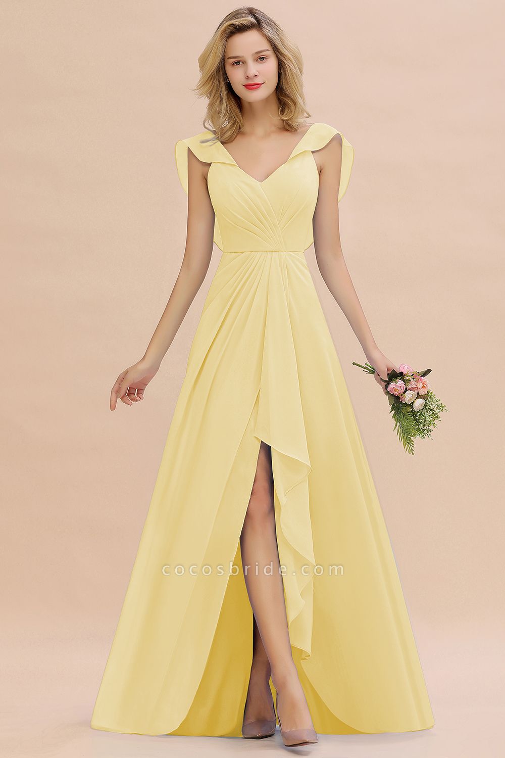 BM0777 Simple Hi-Lo V-Neck Ruffles Long Bridesmaid Dress